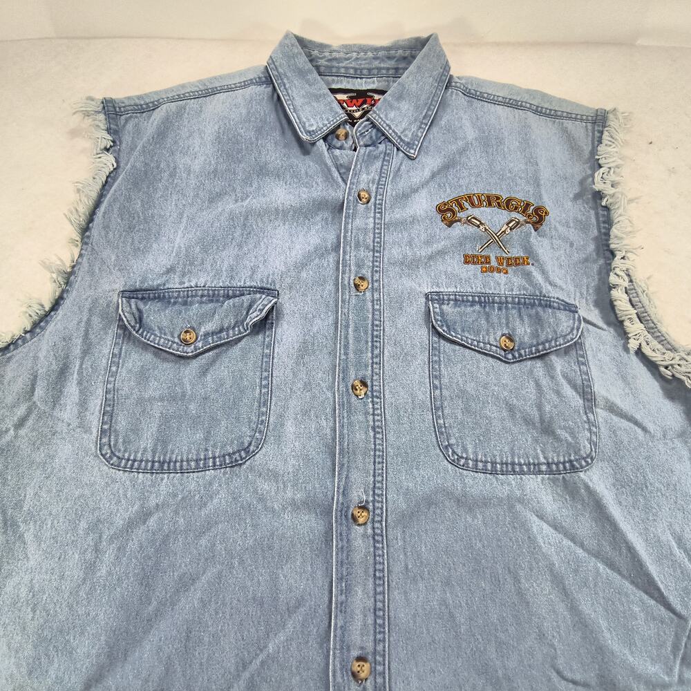 Twin V Casual Button Up Sleeveless Denim Vest Mens Size Large L Blue
